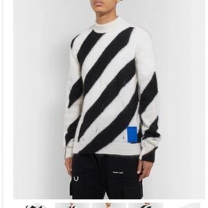 Off-White Virgil Abloh Diagonal Stripe Distressed Knit Sweater Black White Men L